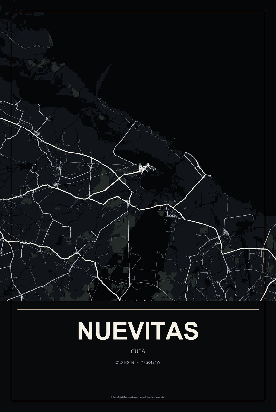 Nuevitas, Cuba City Map Aluminum Sign in Metropolitan Noir style