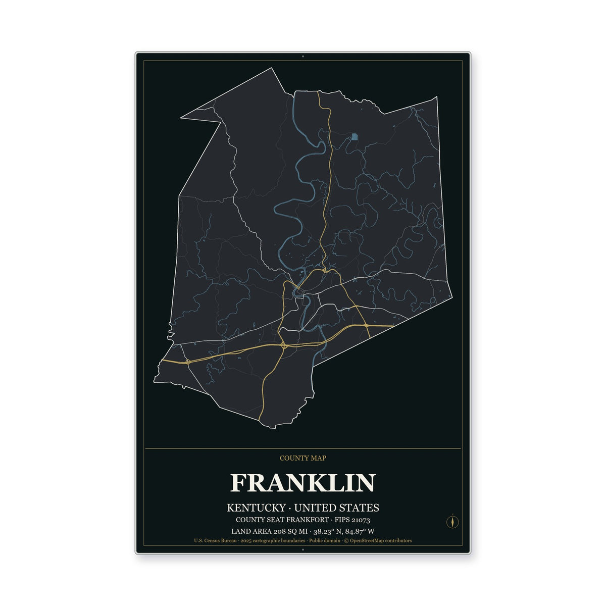 Franklin County, Kentucky Map Aluminum Sign in Metropolitan Noir style