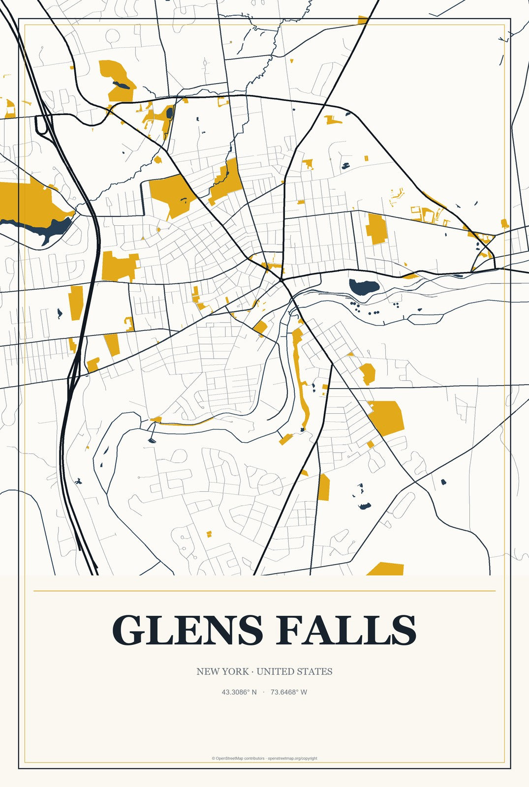Glens Falls, New York City Map Aluminum Sign in Citrine Modern style