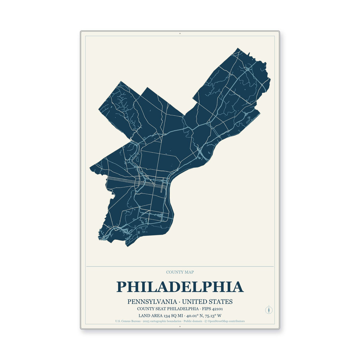 Philadelphia County, Pennsylvania Map Aluminum Sign in Coastal Cutout style