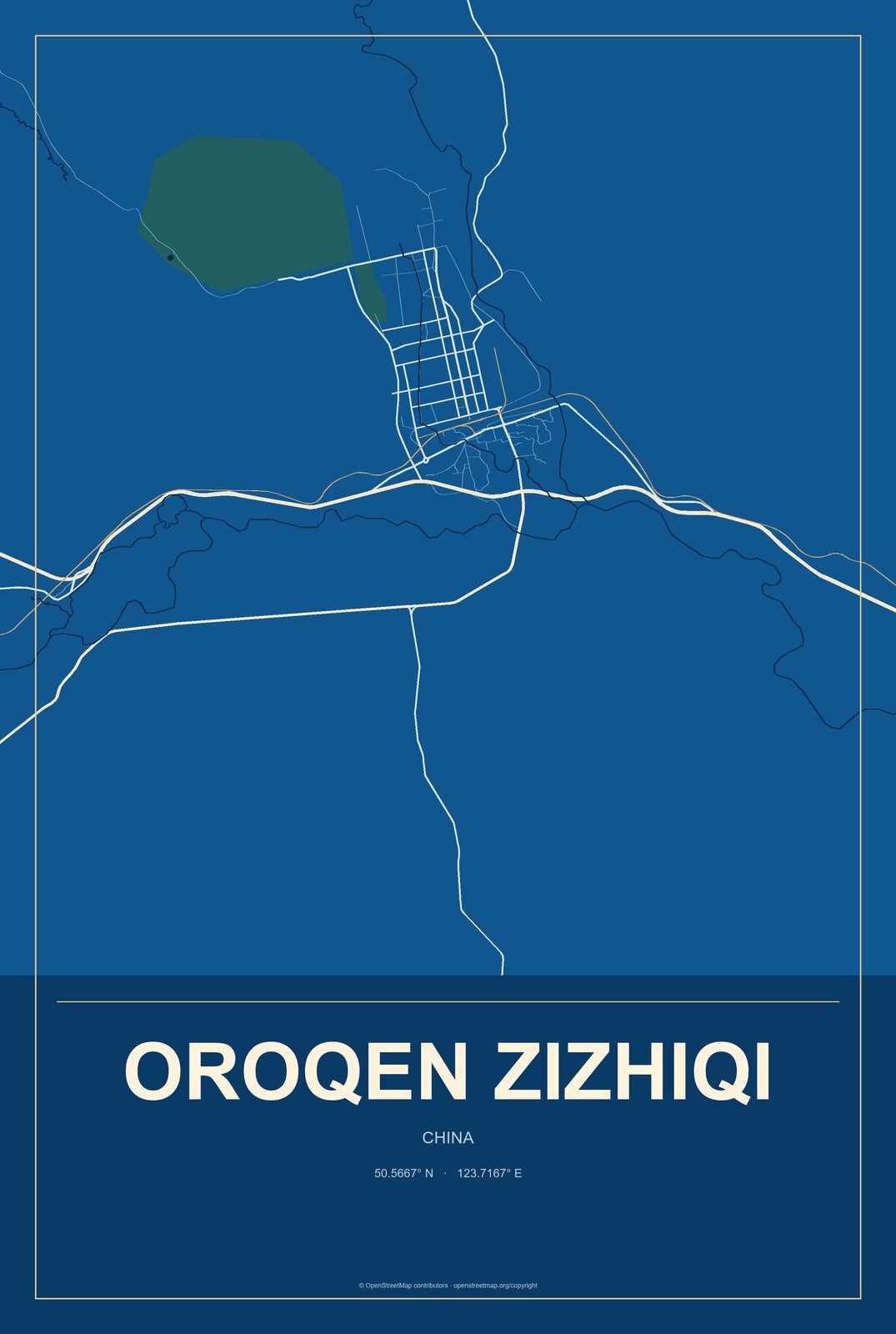 Oroqen Zizhiqi, China City Map Aluminum Sign in Harbor Cobalt style