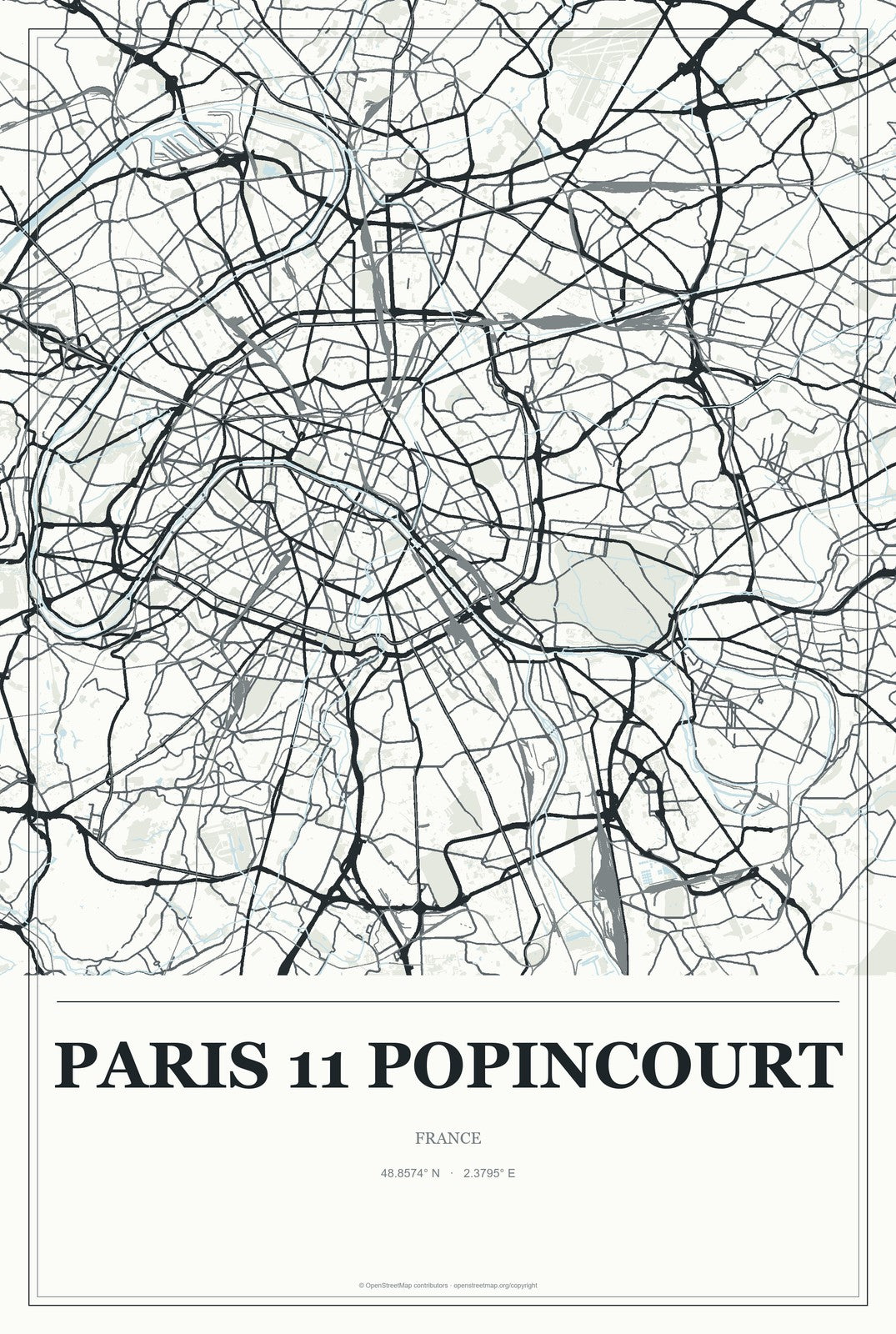 Paris 11 Popincourt, France City Map Aluminum Sign in Gallery Air style