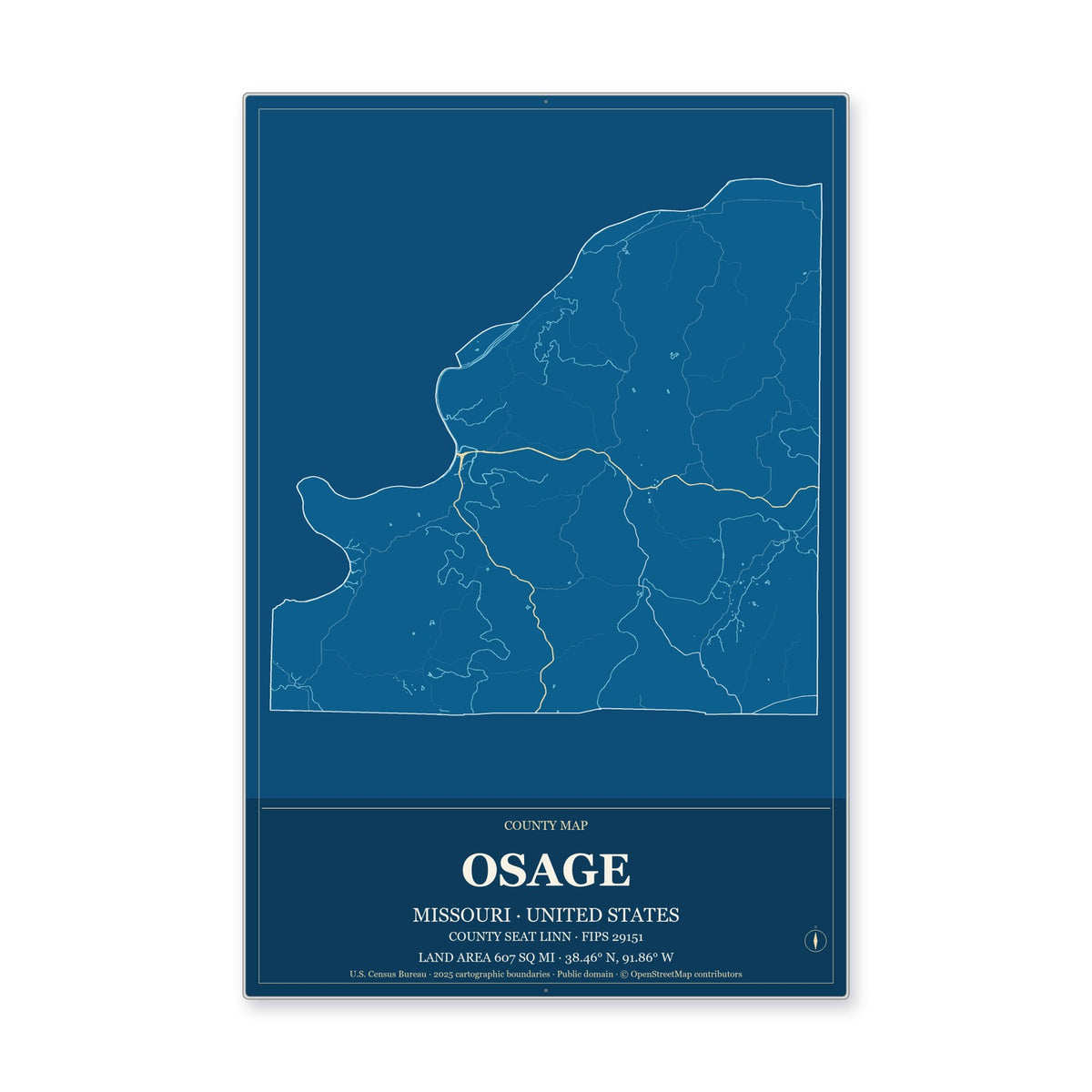 Osage County, Missouri Map Aluminum Sign in Harbor Cobalt style