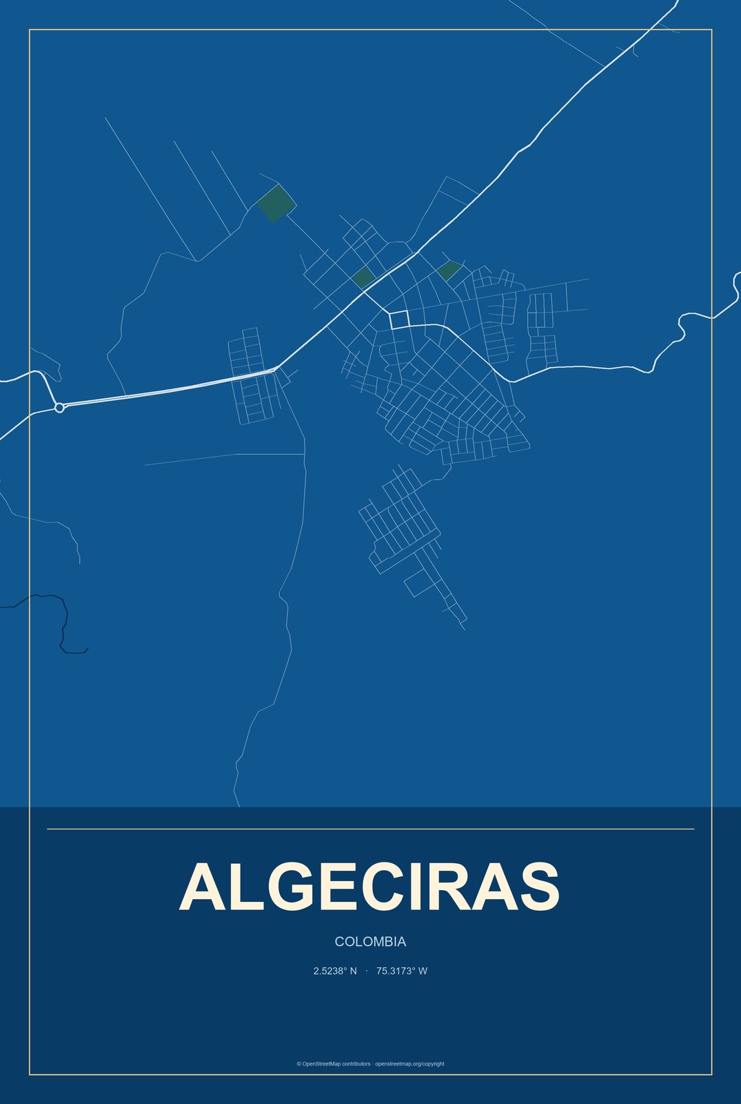 Algeciras, Colombia City Map Aluminum Sign in Harbor Cobalt style