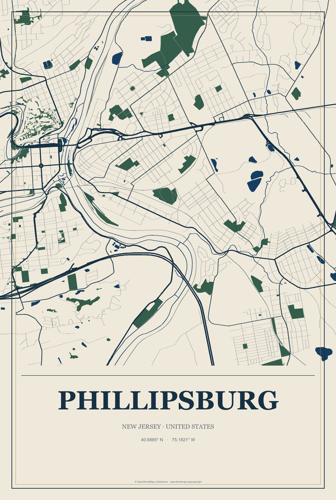 Phillipsburg, New Jersey City Map Aluminum Sign in Coastal Cutout style
