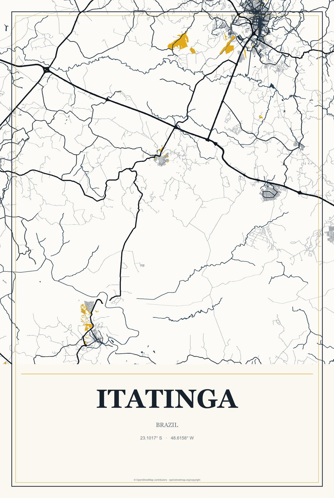 Itatinga, Brazil City Map Aluminum Sign in Citrine Modern style