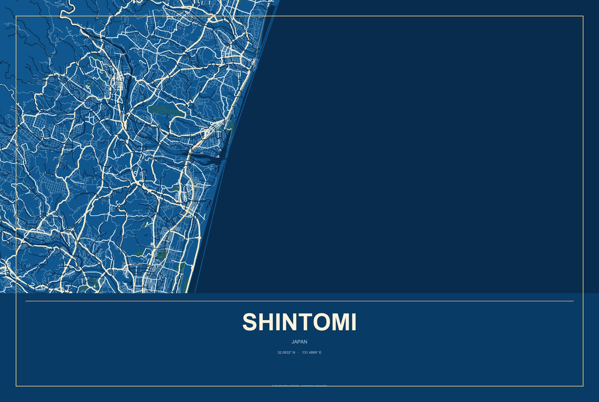 Shintomi, Japan City Map Aluminum Sign in Harbor Cobalt style