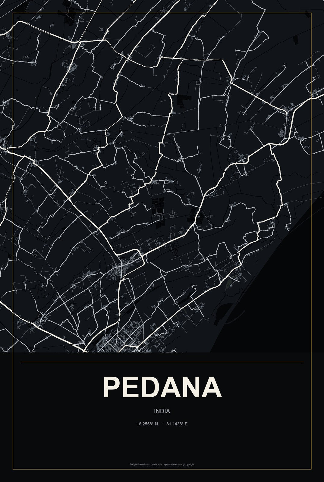 Pedana, India City Map Aluminum Sign in Metropolitan Noir style