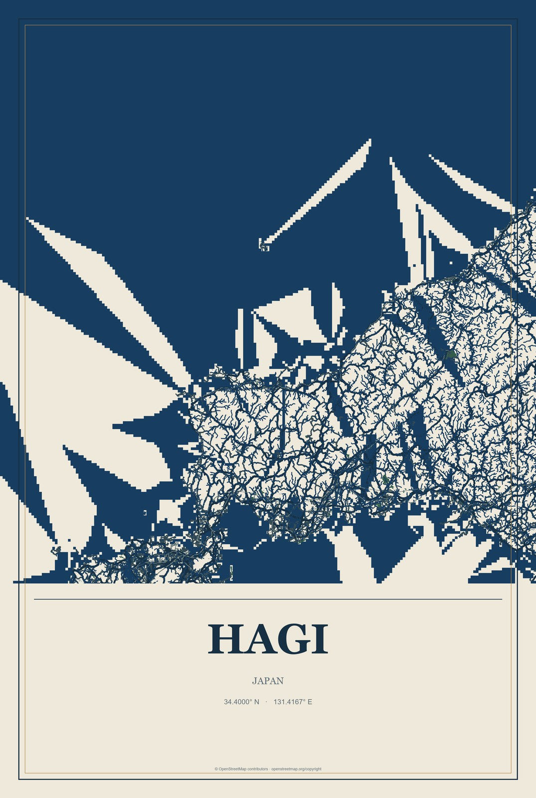 Hagi, Japan City Map Aluminum Sign in Coastal Cutout style