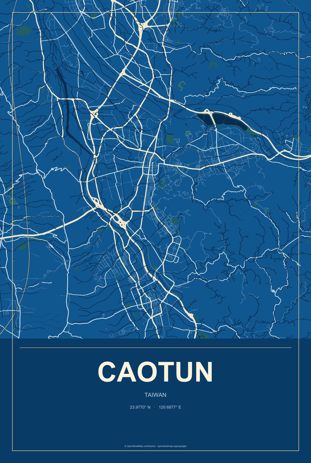 Caotun, Taiwan City Map Aluminum Sign in Harbor Cobalt style