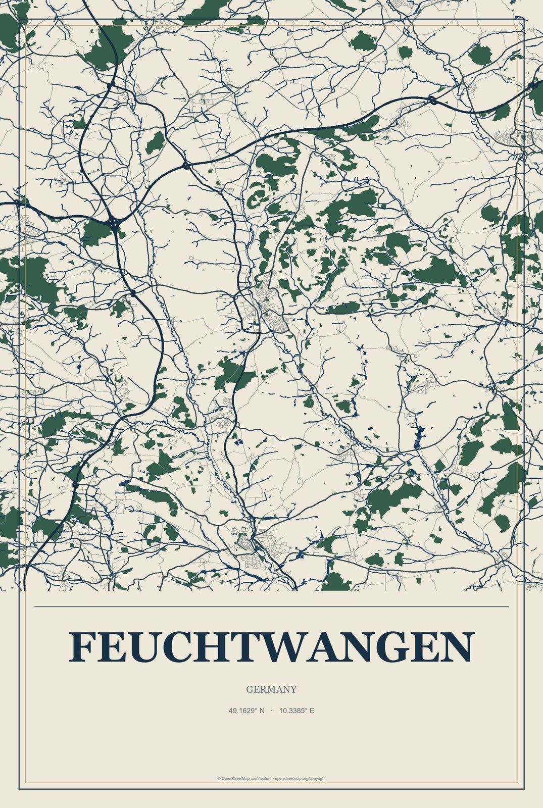 Feuchtwangen, Germany City Map Aluminum Sign in Coastal Cutout style