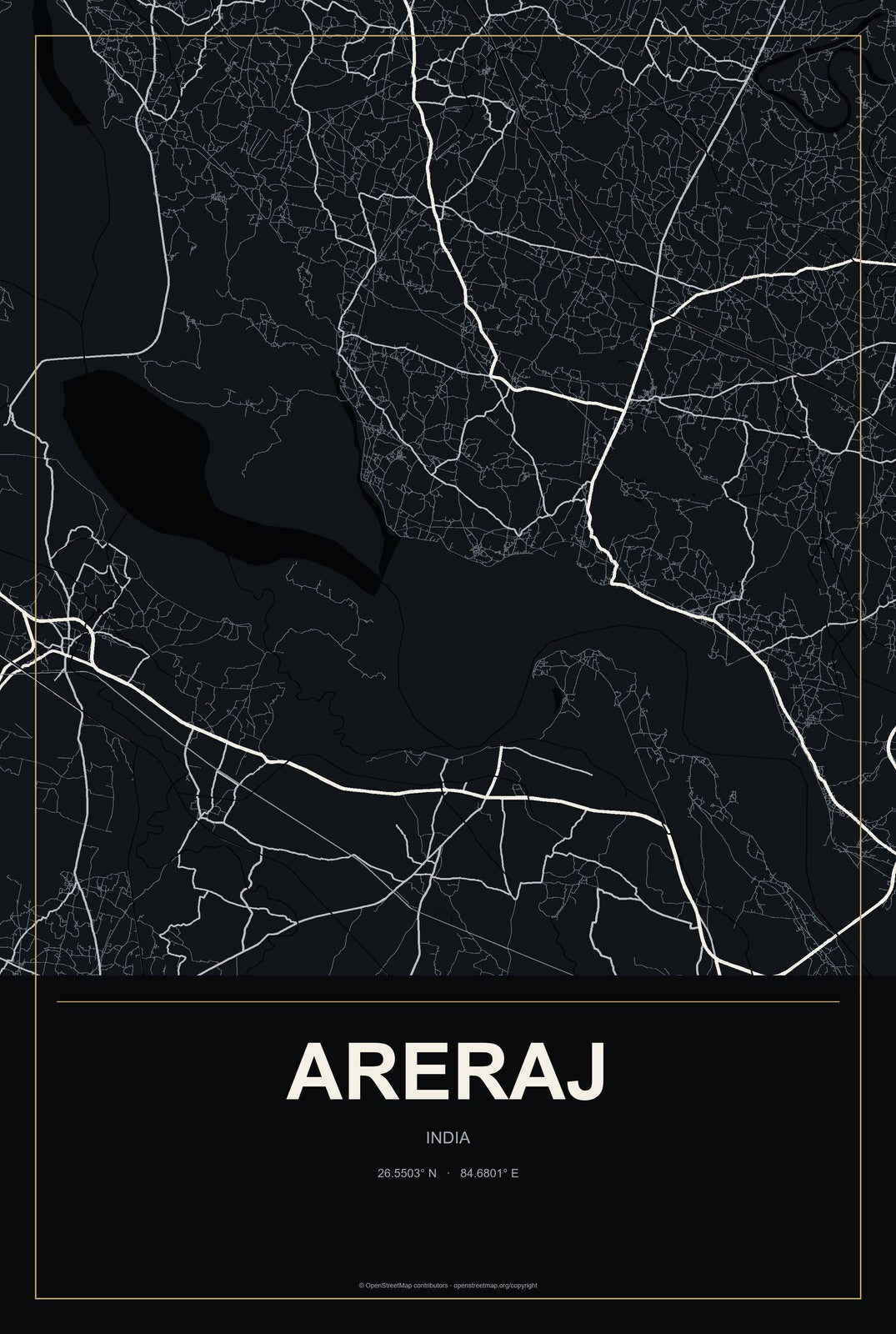 Areraj, India City Map Aluminum Sign in Metropolitan Noir style