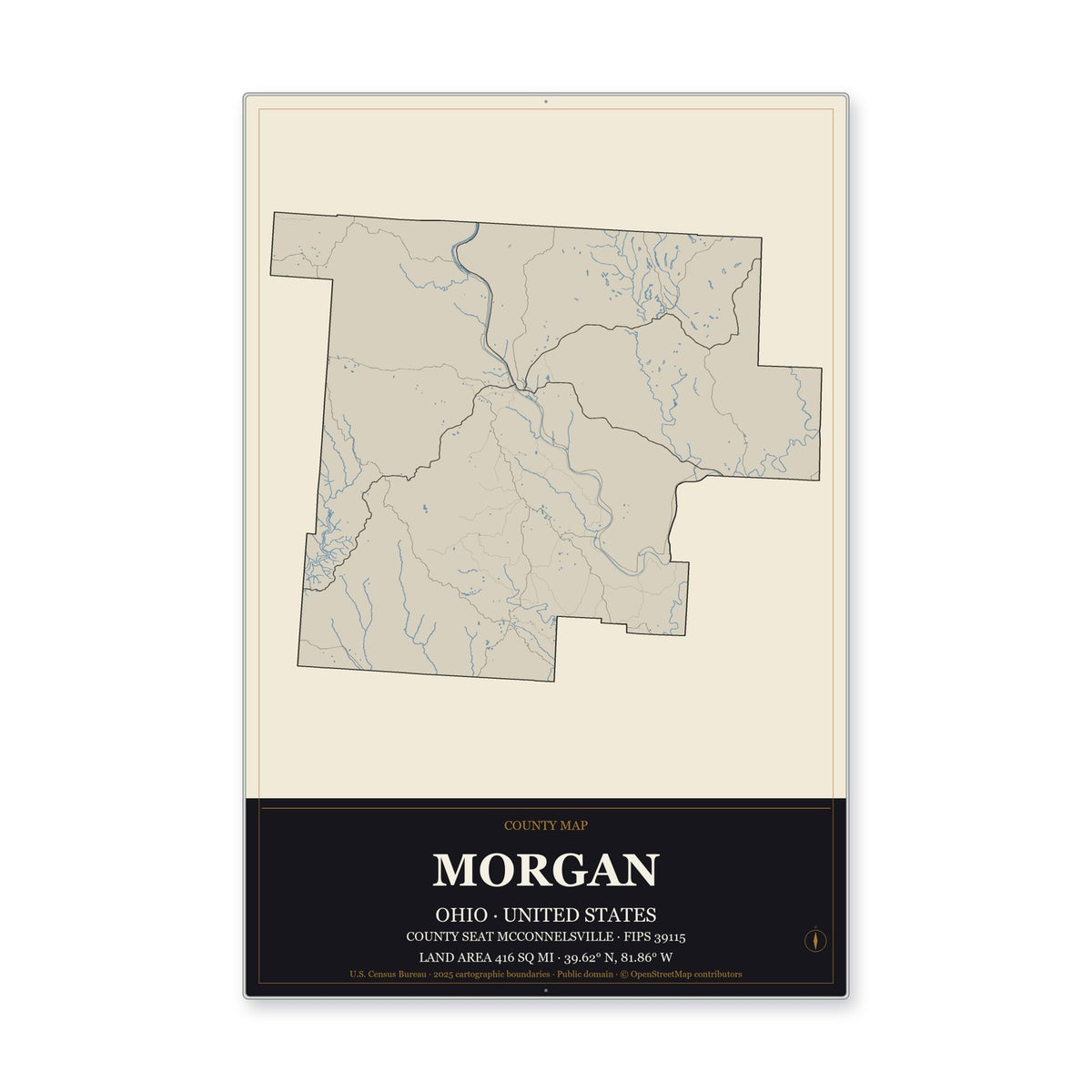 Morgan County, Ohio Map Aluminum Sign in Museum Plaque style