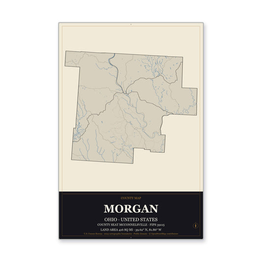 Morgan County, Ohio Map Aluminum Sign in Museum Plaque style