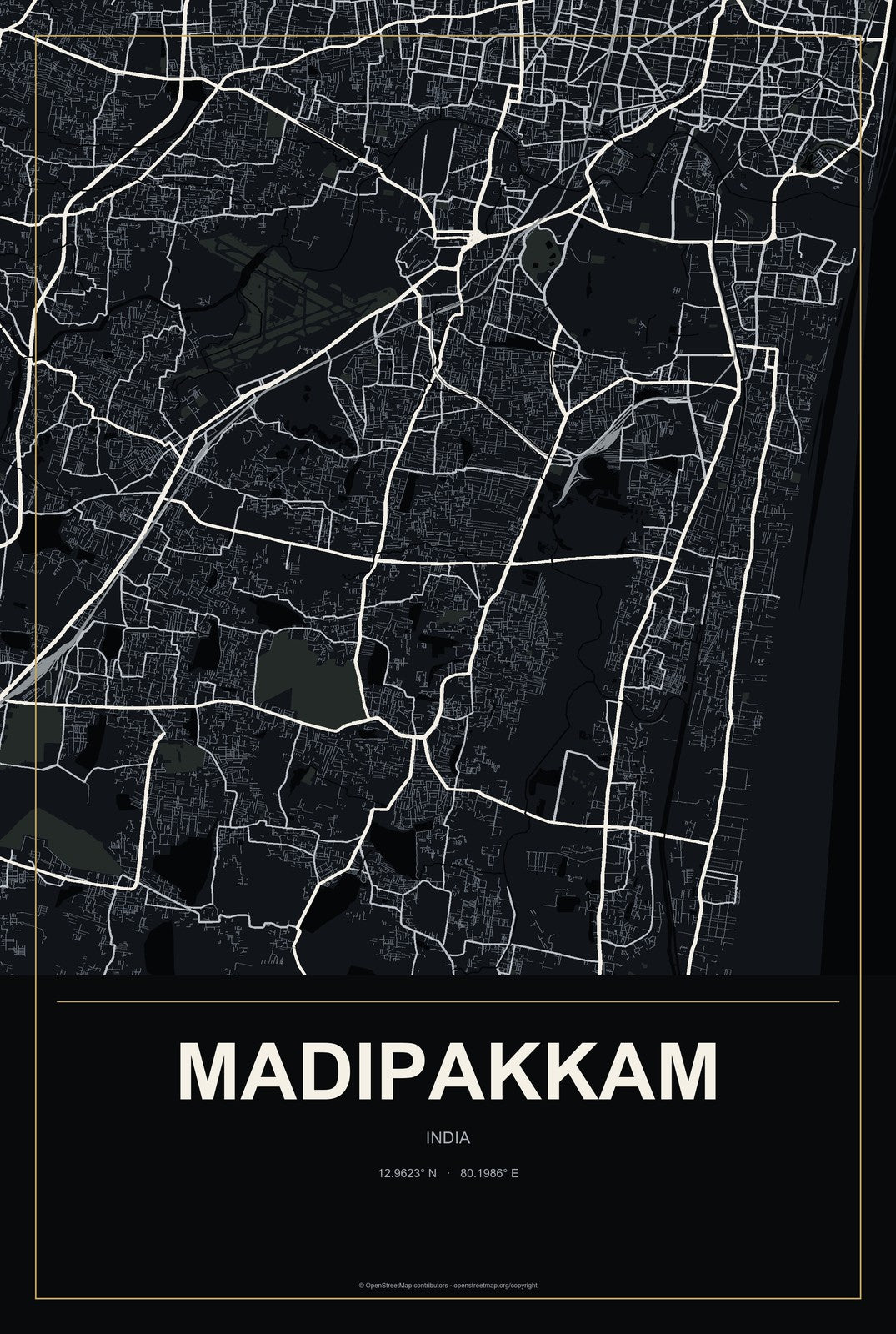 Madipakkam, India City Map Aluminum Sign in Metropolitan Noir style