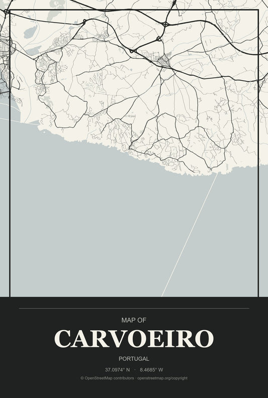 Carvoeiro, Portugal City Map Aluminum Sign in Museum Plaque style