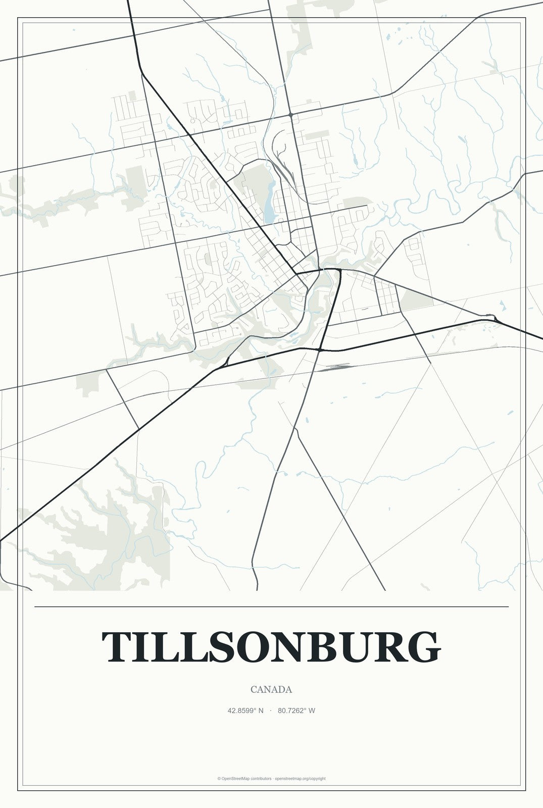Tillsonburg, Canada City Map Aluminum Sign in Gallery Air style