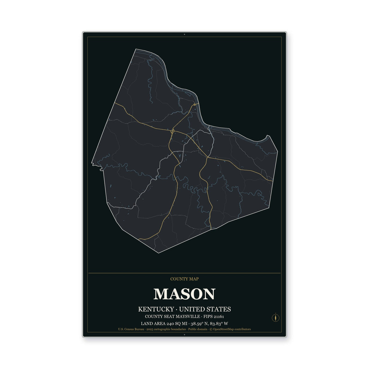 Mason County, Kentucky Map Aluminum Sign in Metropolitan Noir style