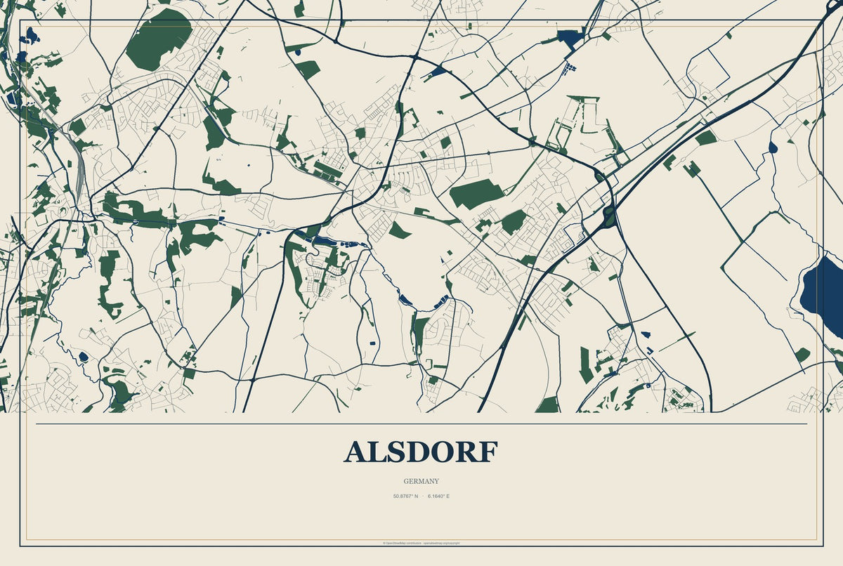 Alsdorf, Germany City Map Aluminum Sign in Coastal Cutout style