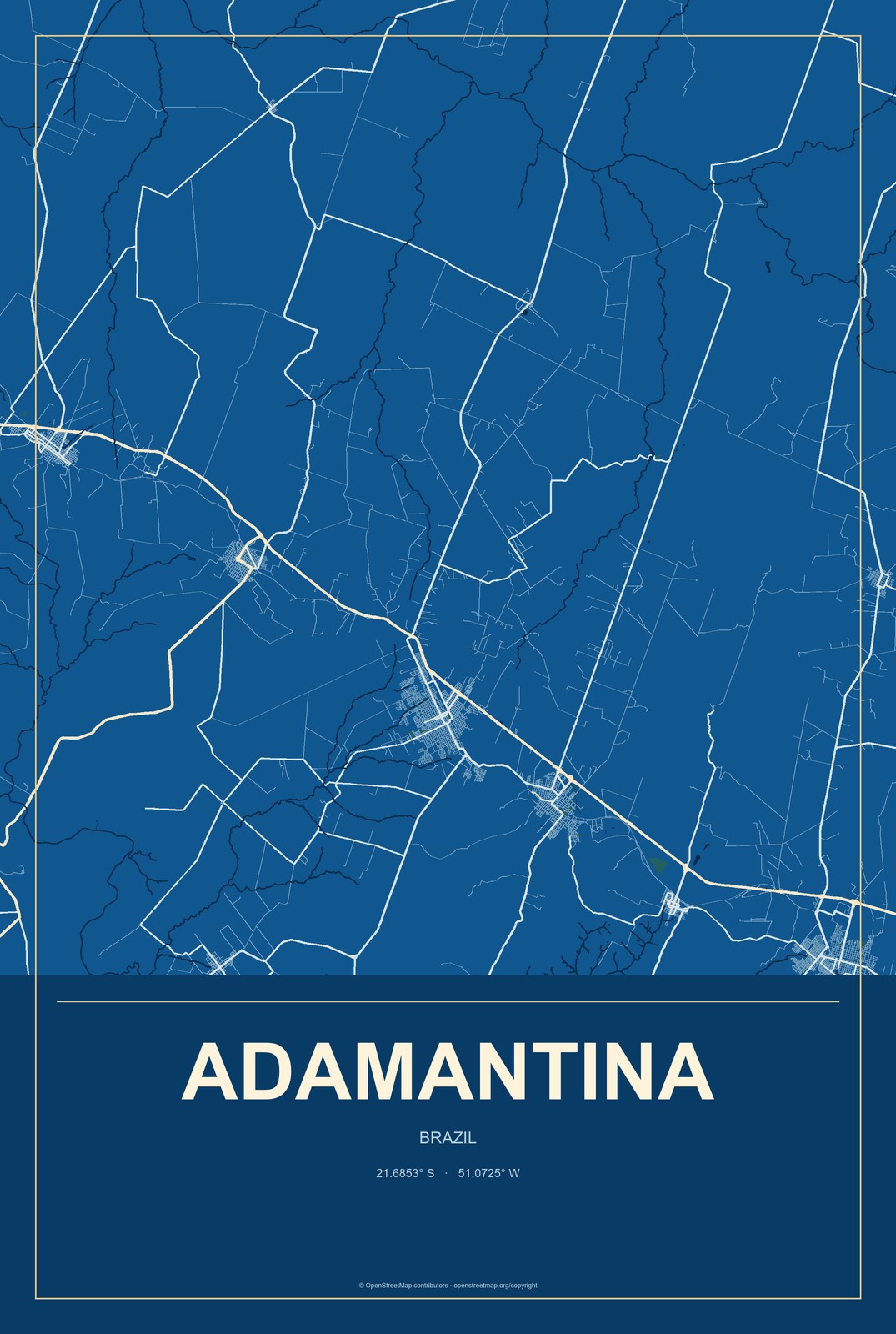 Adamantina, Brazil City Map Aluminum Sign in Harbor Cobalt style