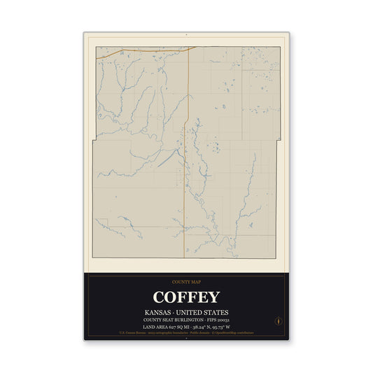 Coffey County, Kansas Map Aluminum Sign in Museum Plaque style