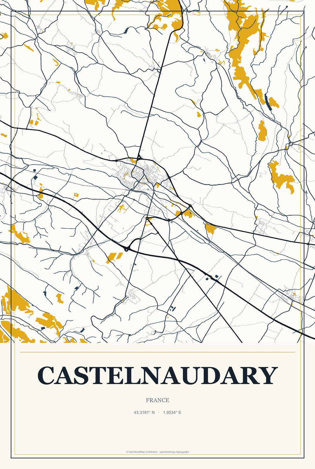Castelnaudary, France City Map Aluminum Sign in Citrine Modern style
