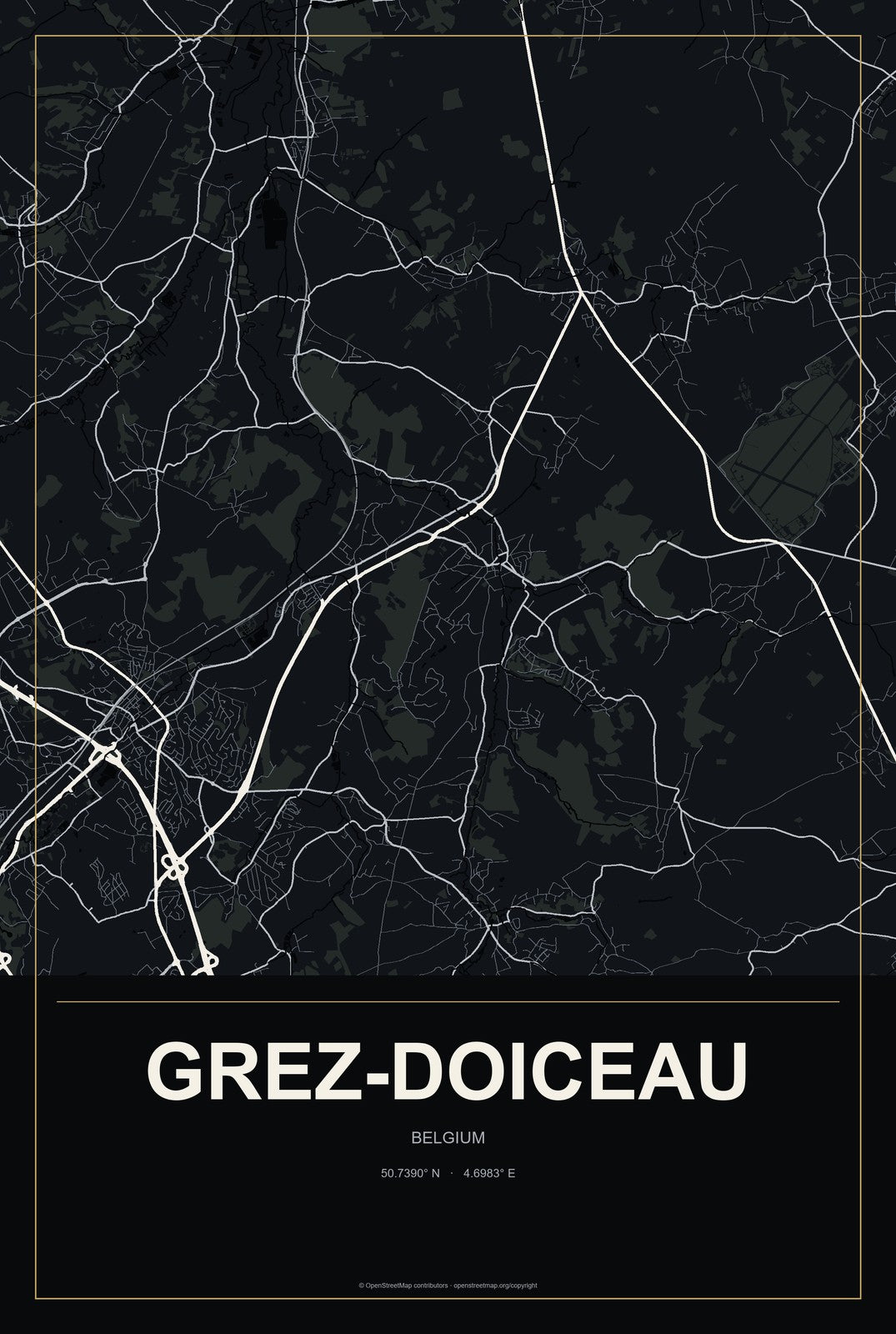 Grez-Doiceau, Belgium City Map Aluminum Sign in Metropolitan Noir style