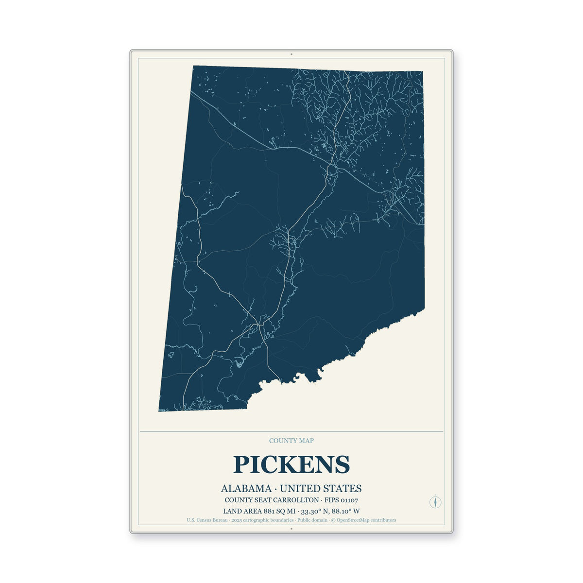 Pickens County, Alabama Map Aluminum Sign in Coastal Cutout style