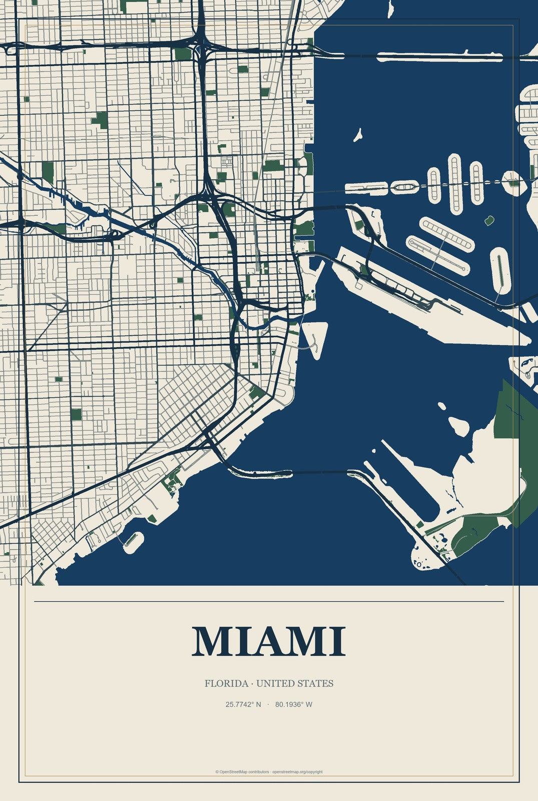 Miami, Florida City Map Aluminum Sign in Coastal Cutout style