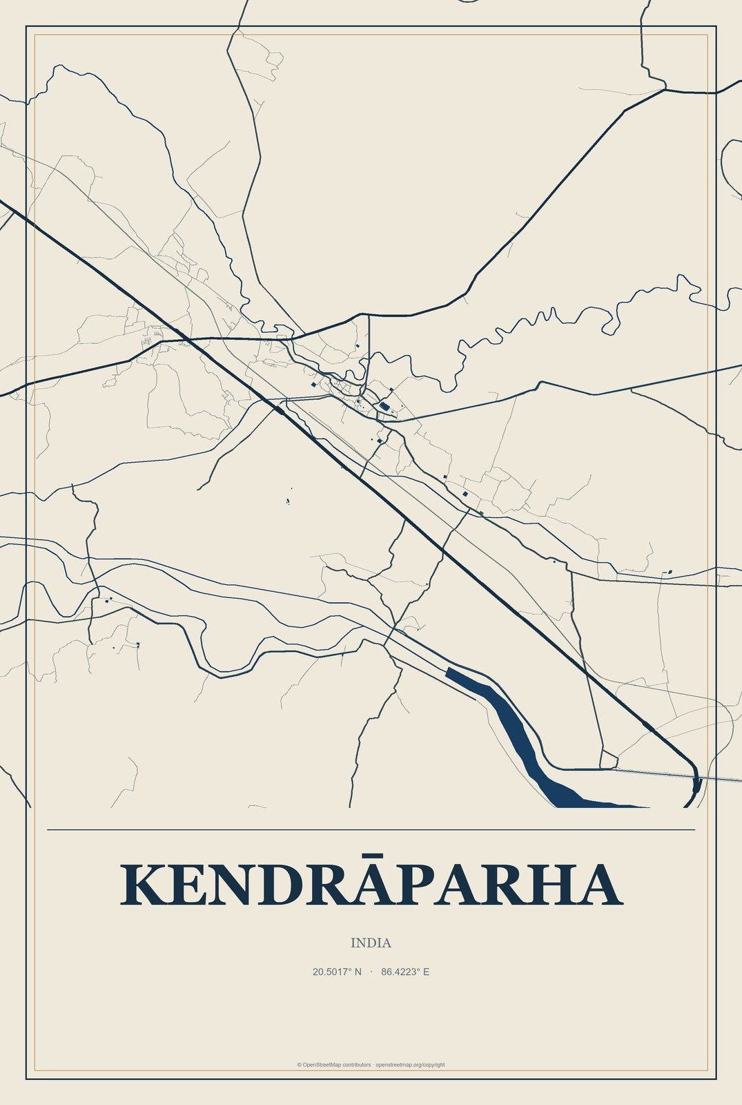 Kendrāparha, India City Map Aluminum Sign in Coastal Cutout style