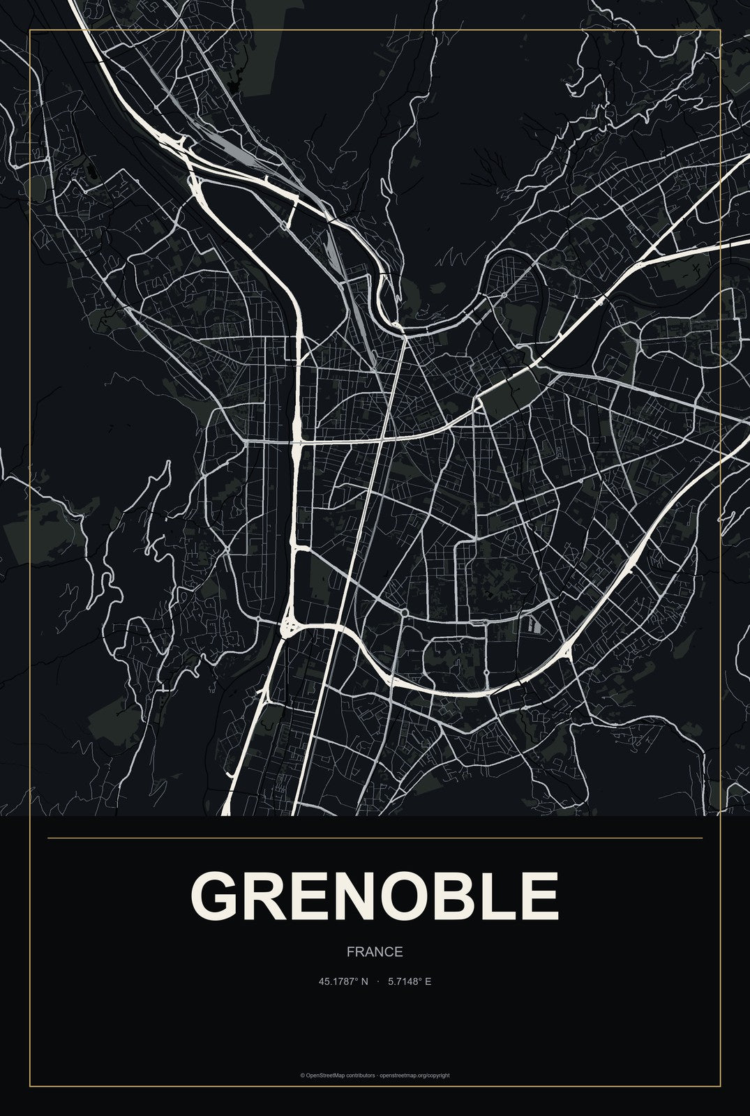 Grenoble, France City Map Aluminum Sign in Metropolitan Noir style