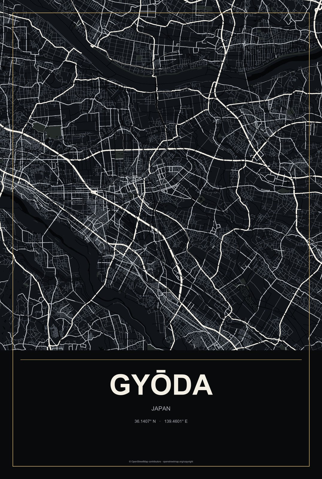 Gyōda, Japan City Map Aluminum Sign in Metropolitan Noir style
