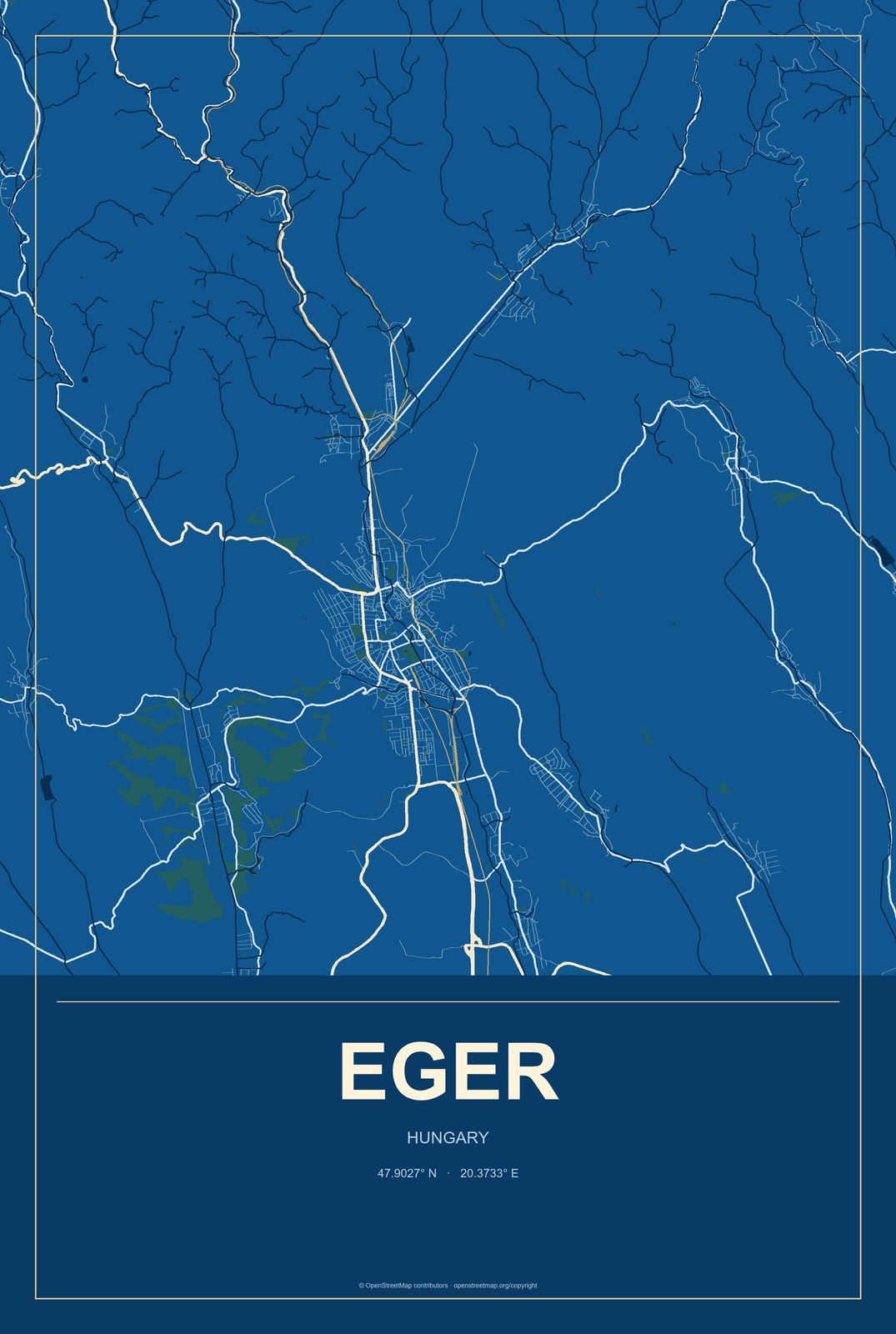 Eger, Hungary City Map Aluminum Sign in Harbor Cobalt style