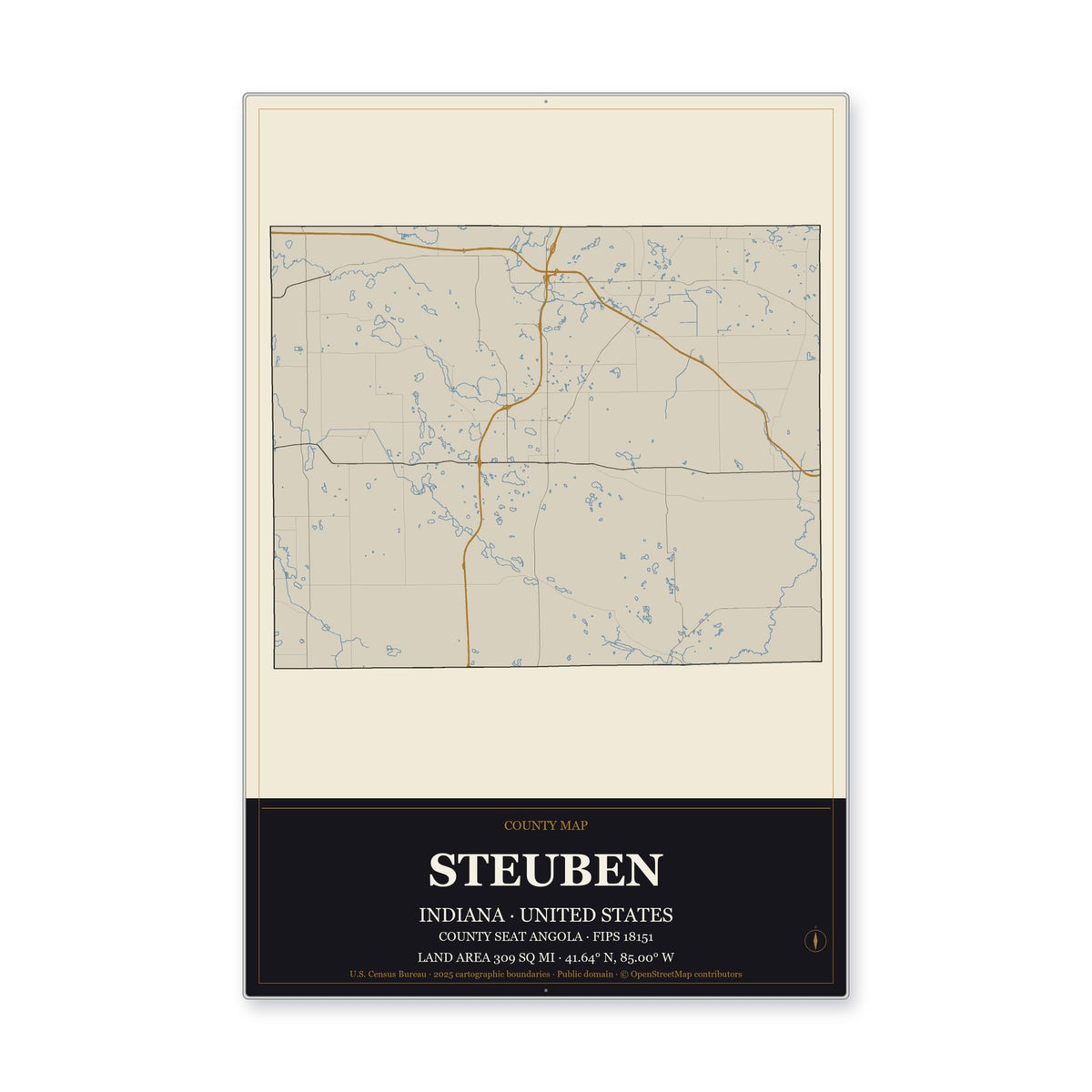 Steuben County, Indiana Map Aluminum Sign in Museum Plaque style