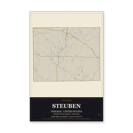 Steuben County, Indiana Map Aluminum Sign in Museum Plaque style