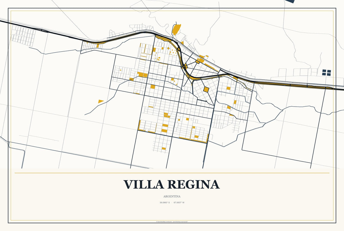 Villa Regina, Argentina City Map Aluminum Sign in Citrine Modern style