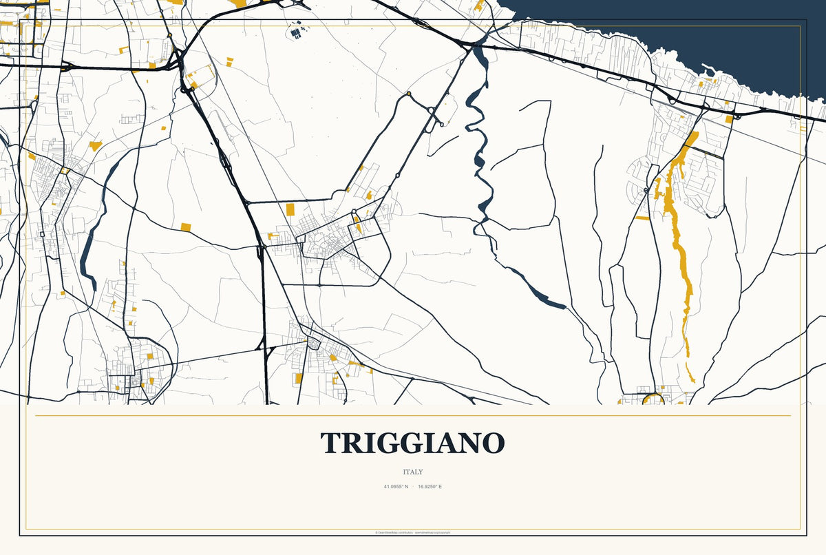 Triggiano, Italy City Map Aluminum Sign in Citrine Modern style