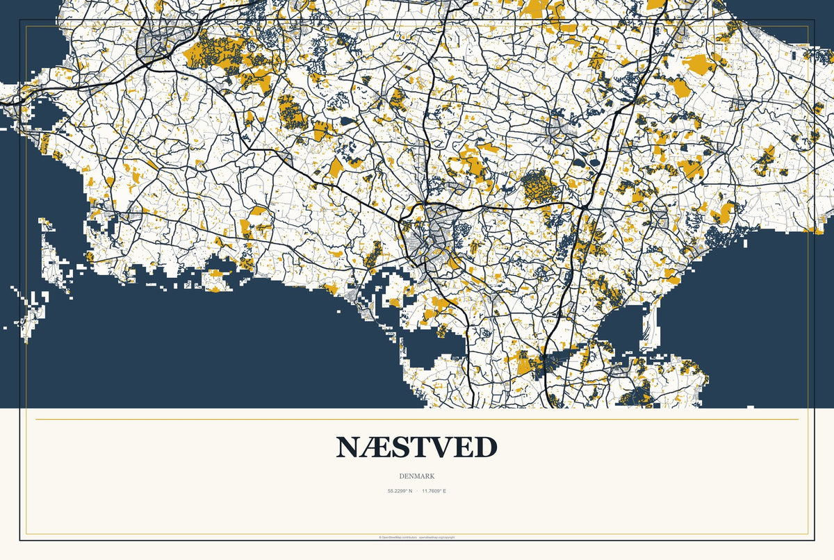 Næstved, Denmark City Map Aluminum Sign in Citrine Modern style