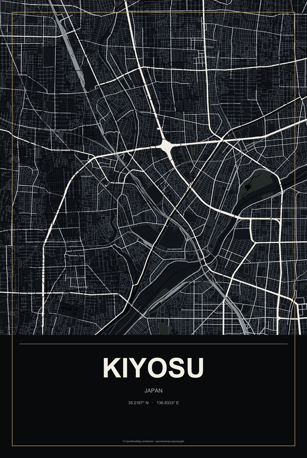 Kiyosu, Japan City Map Aluminum Sign in Metropolitan Noir style