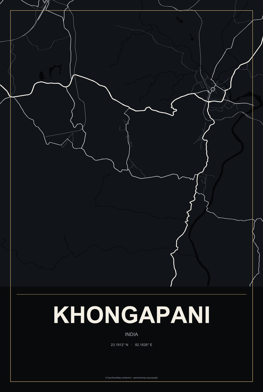 Khongapani, India City Map Aluminum Sign in Metropolitan Noir style