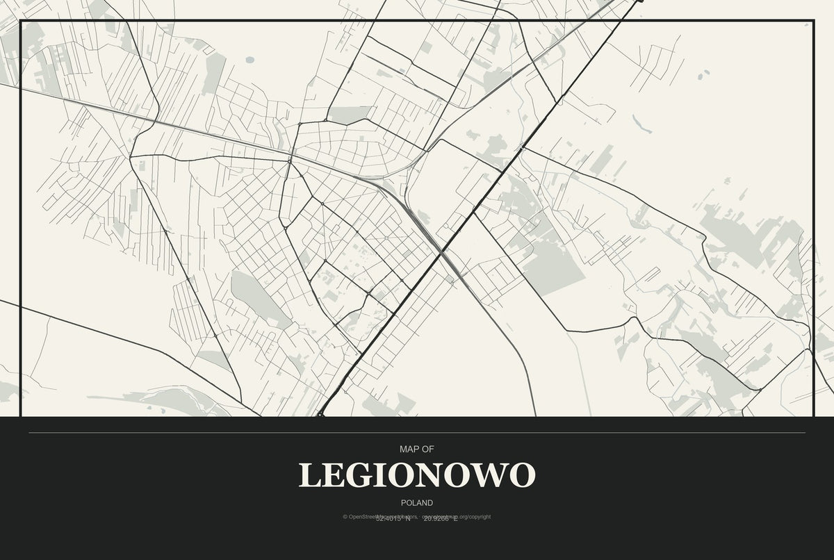 Legionowo, Poland City Map Aluminum Sign in Museum Plaque style