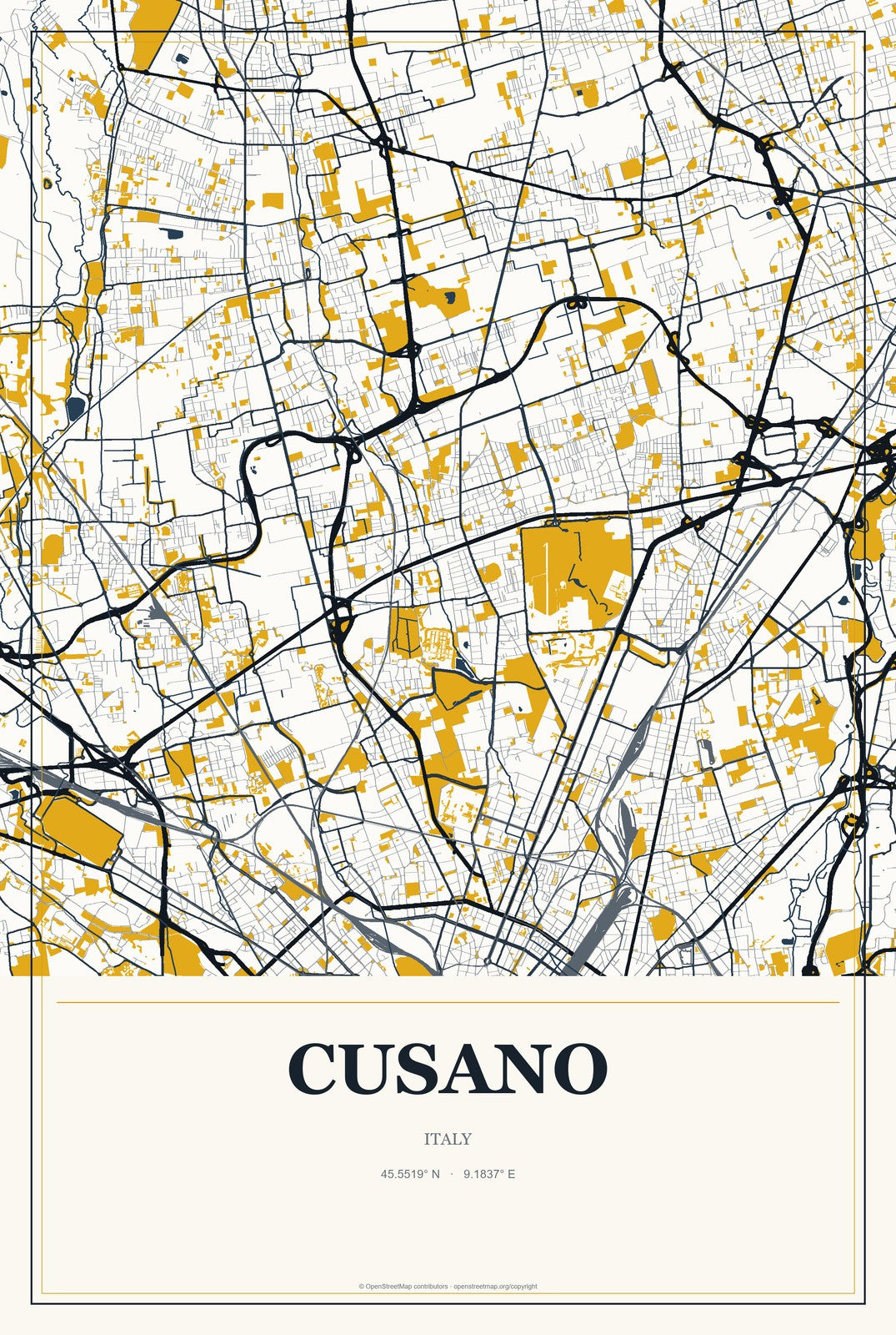 Cusano, Italy City Map Aluminum Sign in Citrine Modern style