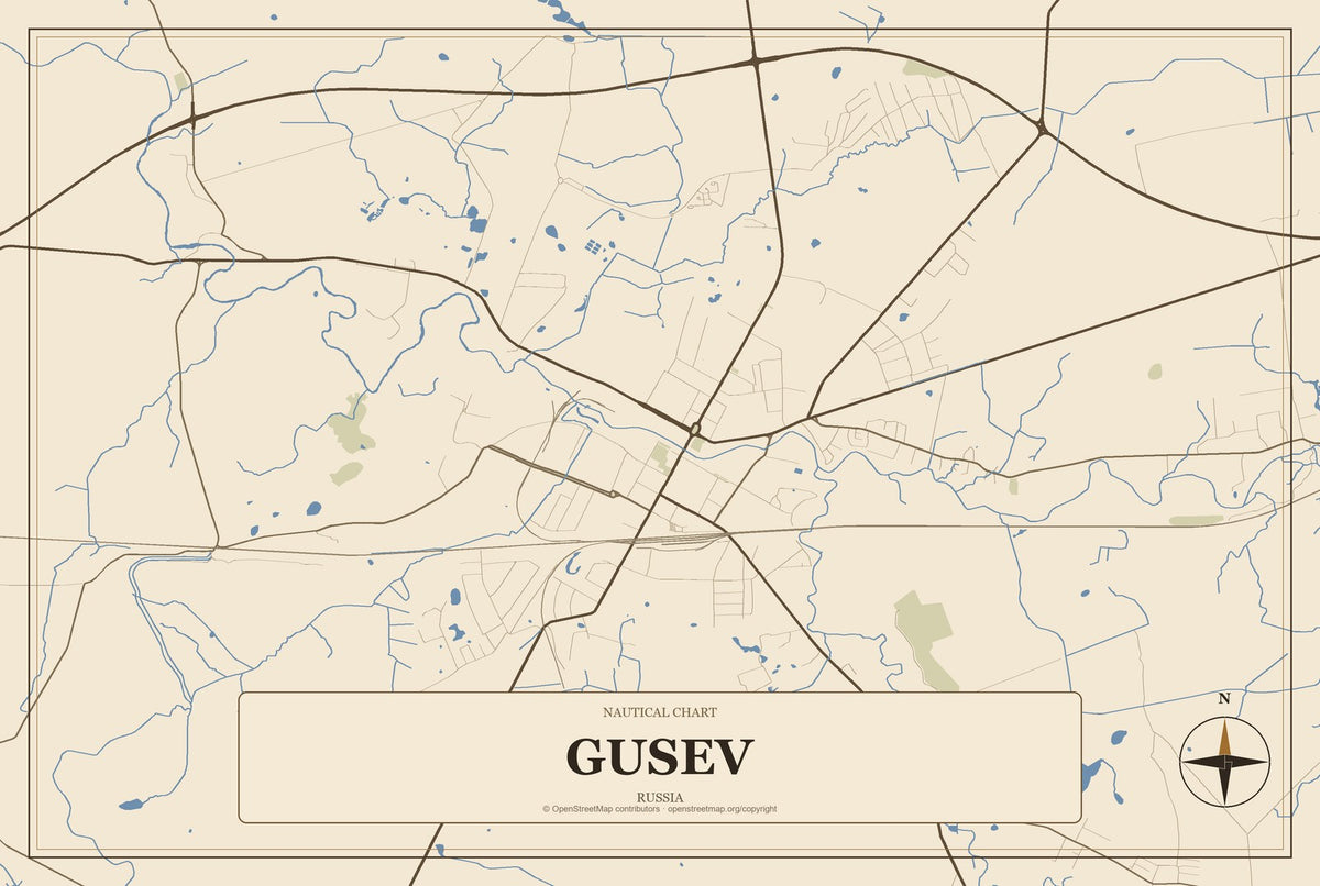 Gusev, Russia City Map Aluminum Sign in Heritage Nautical style