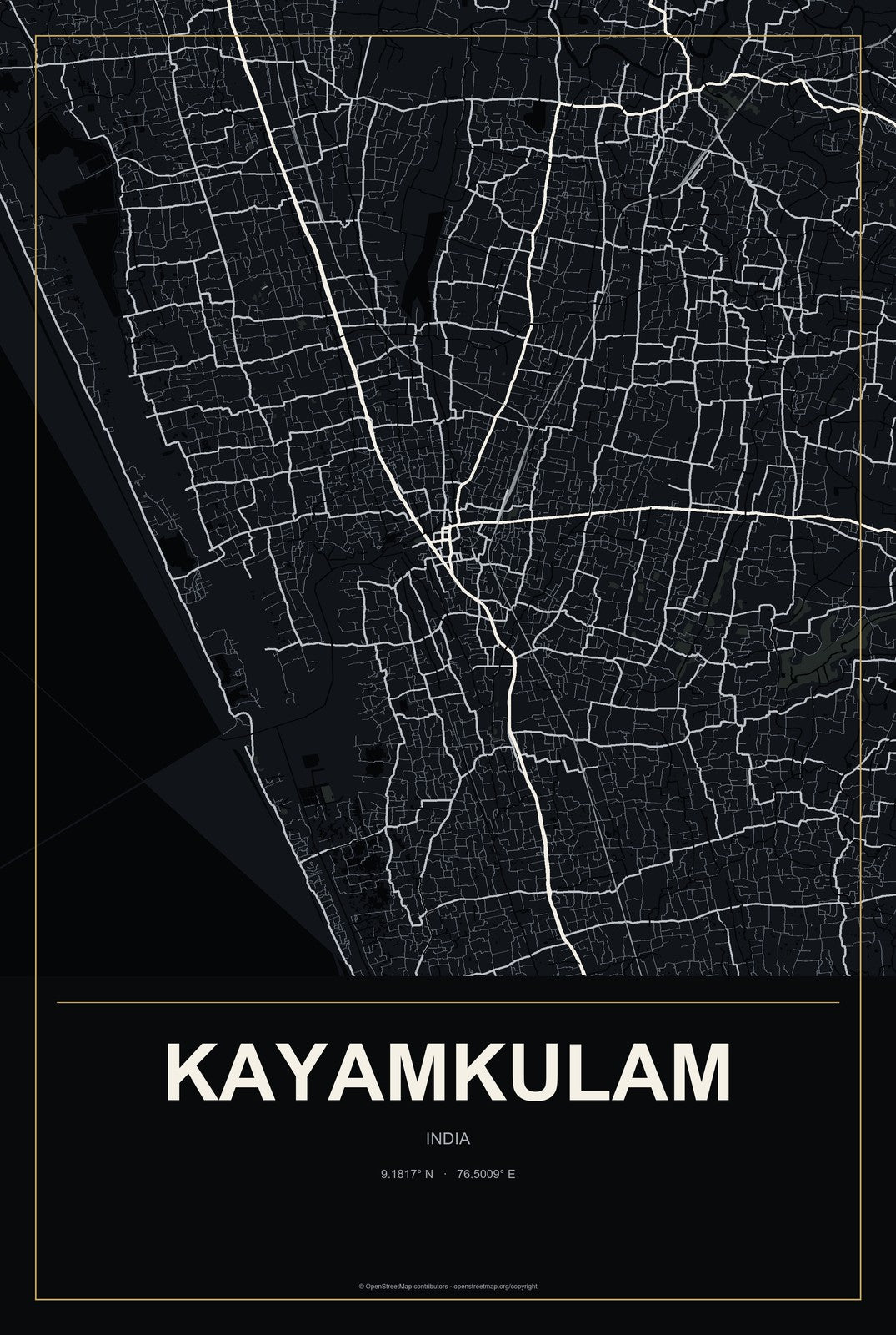 Kayamkulam, India City Map Aluminum Sign in Metropolitan Noir style