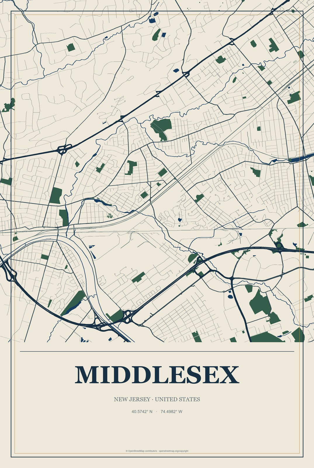 Middlesex, New Jersey City Map Aluminum Sign in Coastal Cutout style