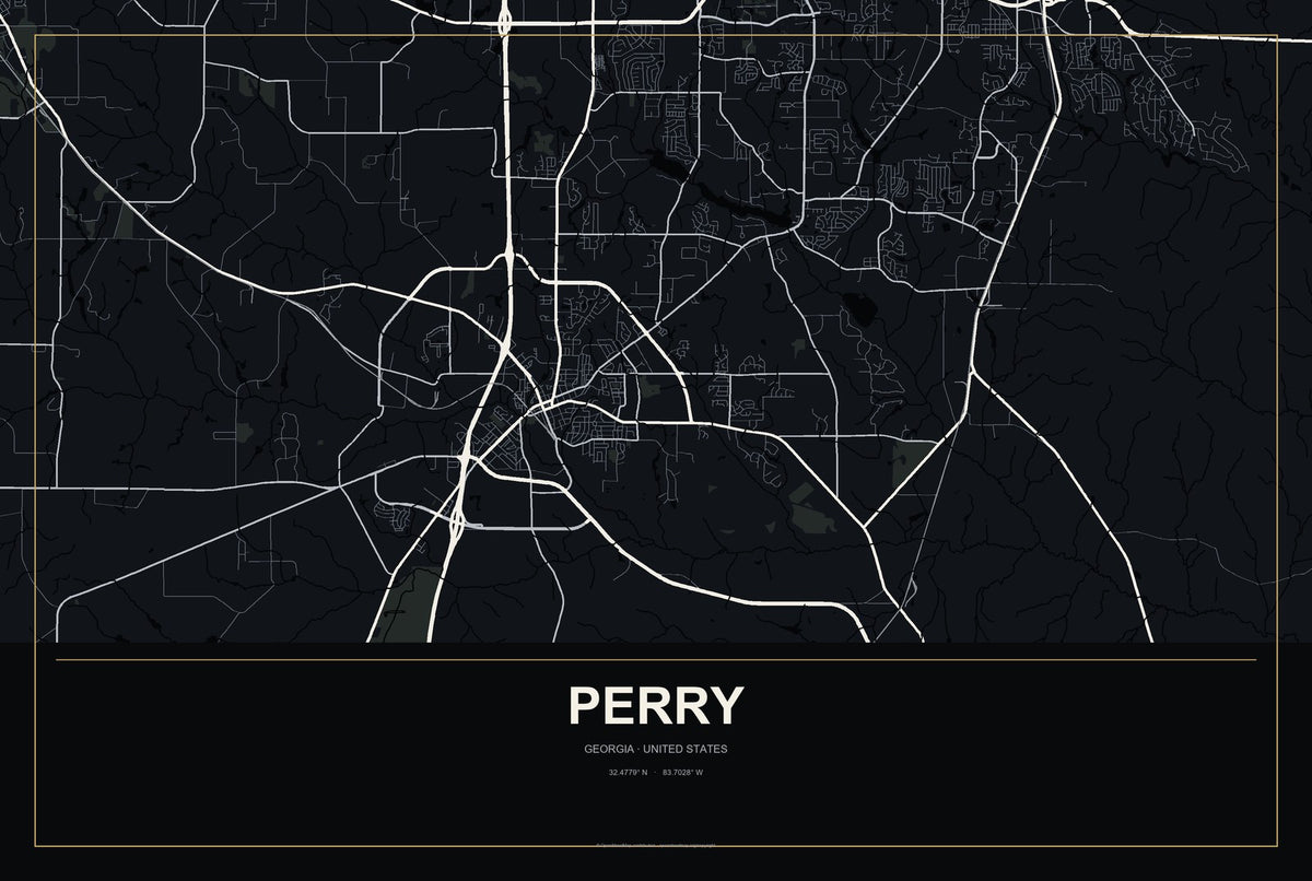 Perry, Georgia City Map Aluminum Sign in Metropolitan Noir style