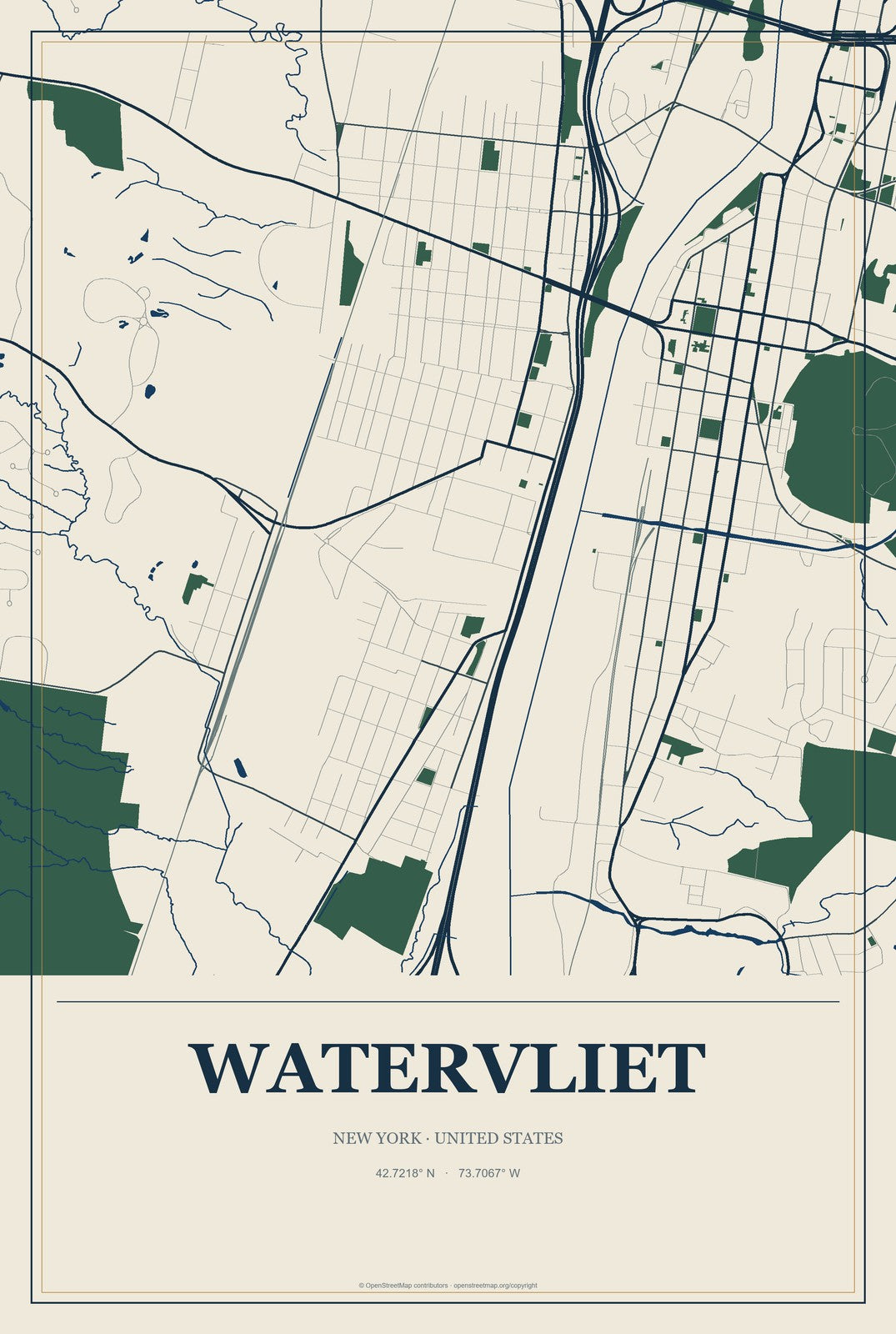 Watervliet, New York City Map Aluminum Sign in Coastal Cutout style