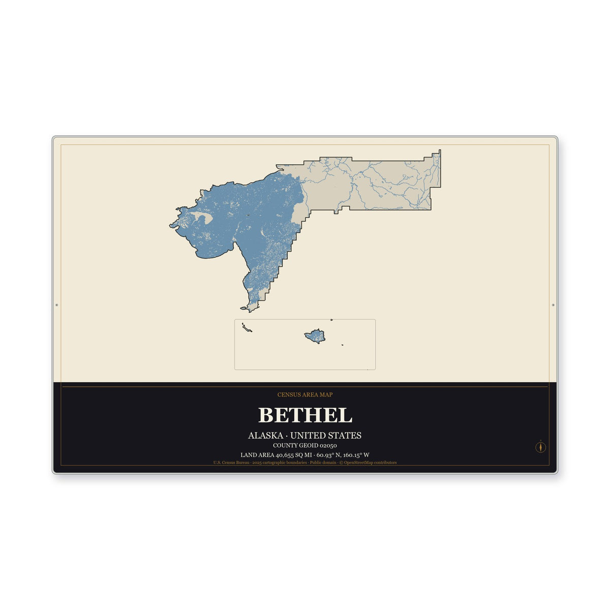 Bethel Census Area, Alaska Map Aluminum Sign in Museum Plaque style