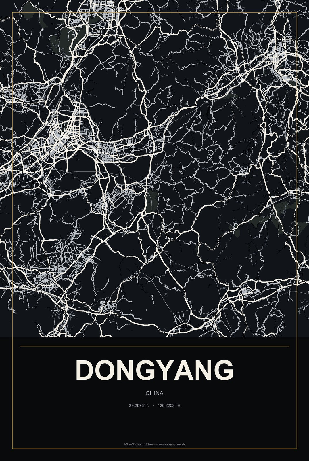 Dongyang, Chongqing, China City Map Aluminum Sign in Metropolitan Noir style