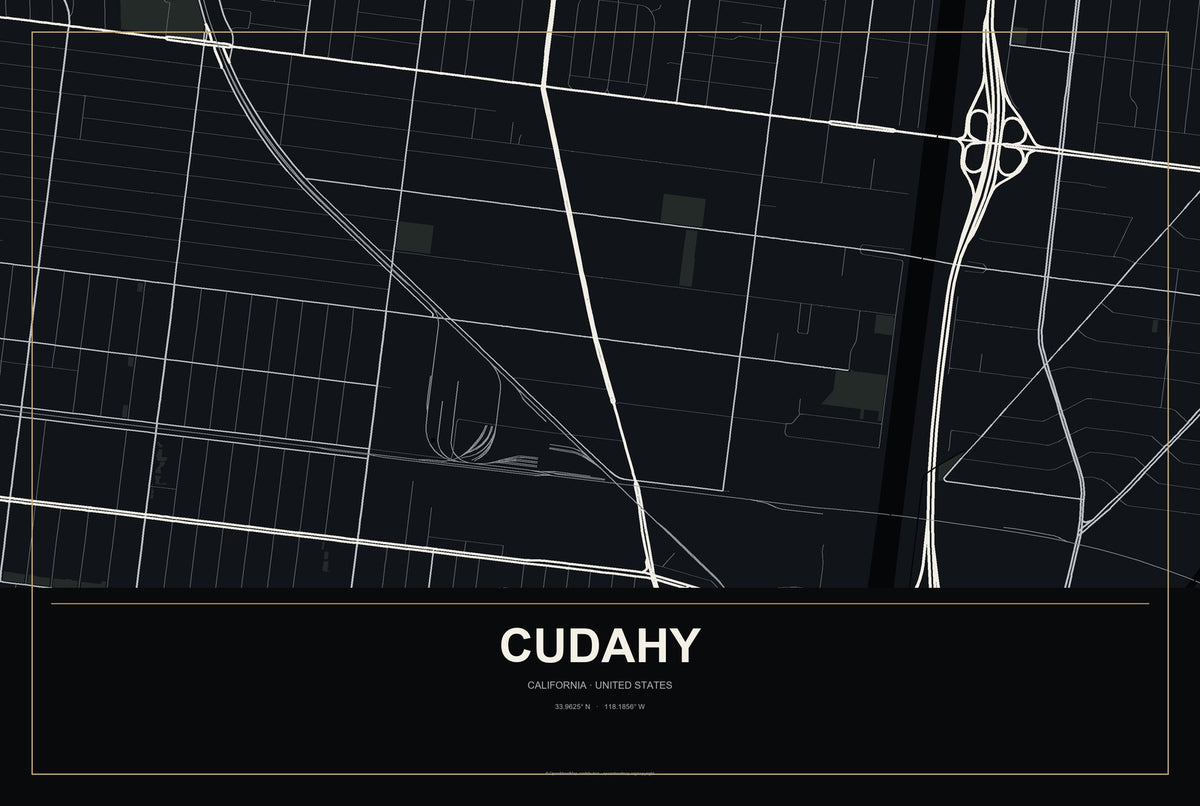 Cudahy, California City Map Aluminum Sign in Metropolitan Noir style